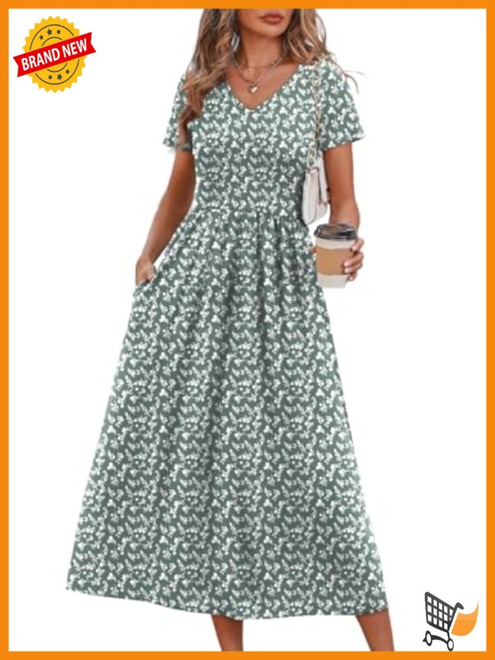 Women's Flowy A-Line Midi Dress V-Neck Short Sleeve Casual Sundress